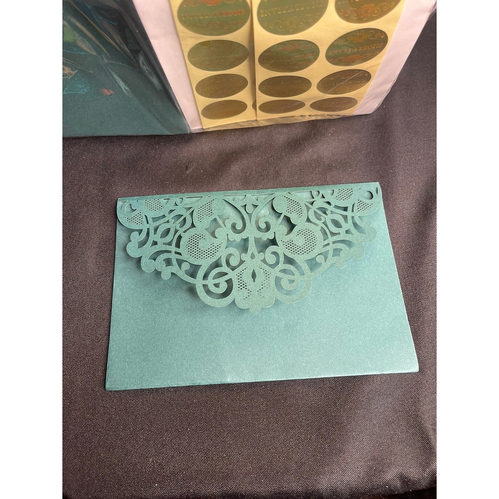 Teal Laserβ Cut Invitation Cards with Gold Seal Stickers Set of 50